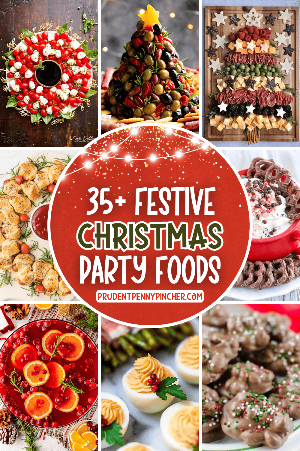 A collage of festive Christmas party foods including a caprese wreath appetizer, olive Christmas tree charcuterie, Christmas tree snack board, pigs in a blanket, cranberry punch, deviled eggs, peppermint dip, and chocolate pretzel clusters.