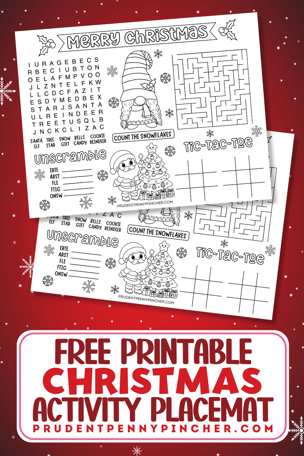 Free printable Christmas activity for kids featuring a word search, maze, tic-tac-toe, word scramble, and coloring on a festive red background.