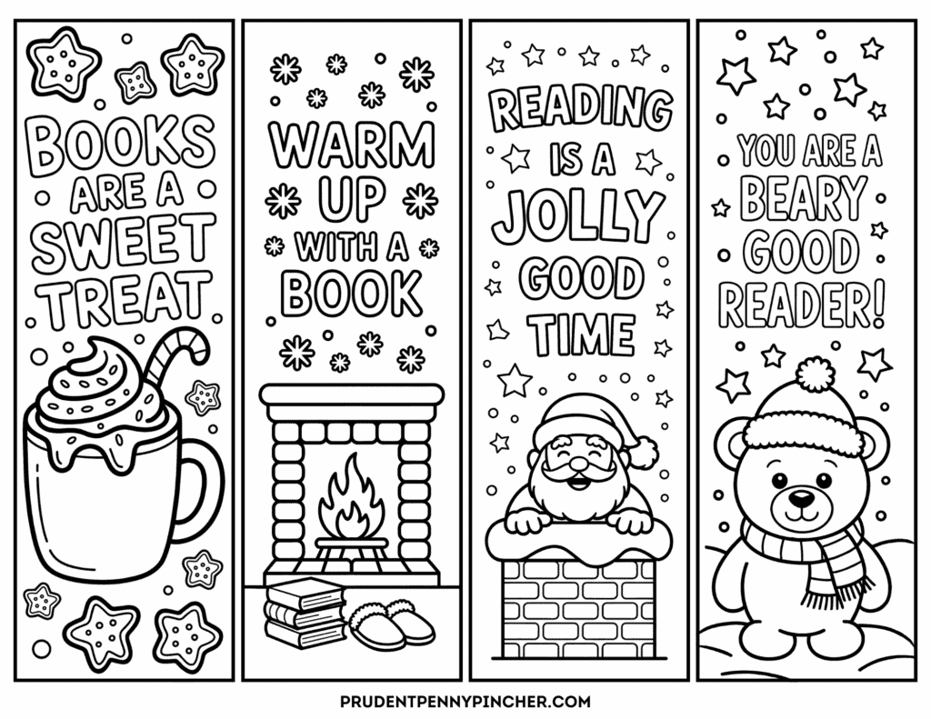 Free printable Christmas bookmarks for kids to color: cocoa mug, fireplace, Santa in chimney, winter bear.