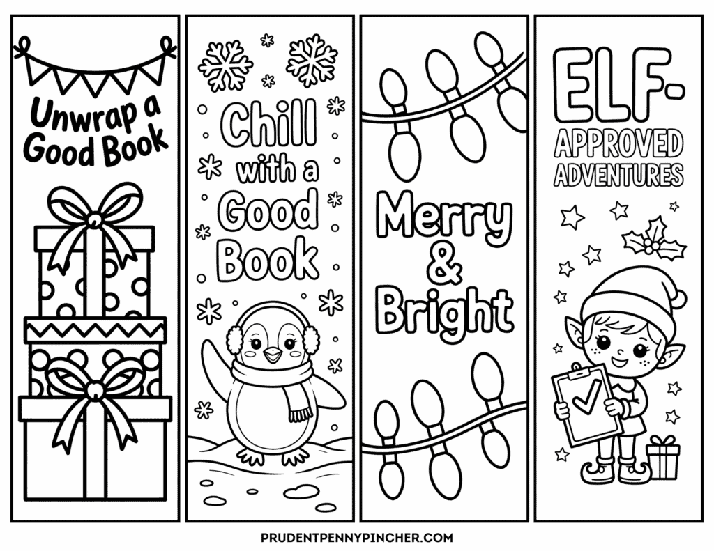 gift stack, penguin, Christmas lights, elf checklist bookmarks.