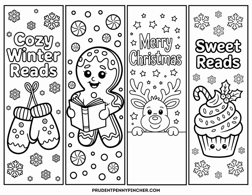 Printable Christmas coloring bookmarks: mittens “Cozy Winter Reads,” gingerbread, reindeer, cupcake.