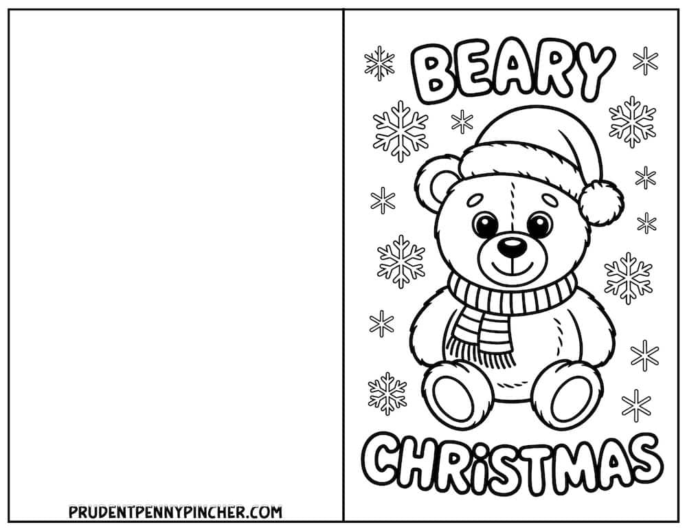 Beary Christmas teddy bear in Santa hat—cute printable coloring card for kids.