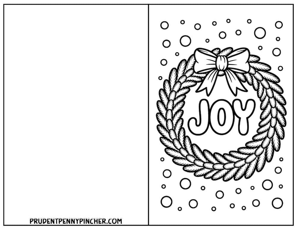 JOY wreath with bow—detailed Christmas coloring card for kids