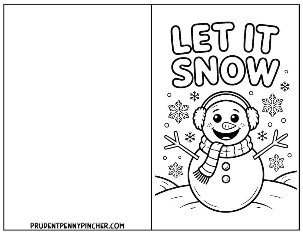 Let It Snow snowman with earmuffs and flakes christmas card for kids