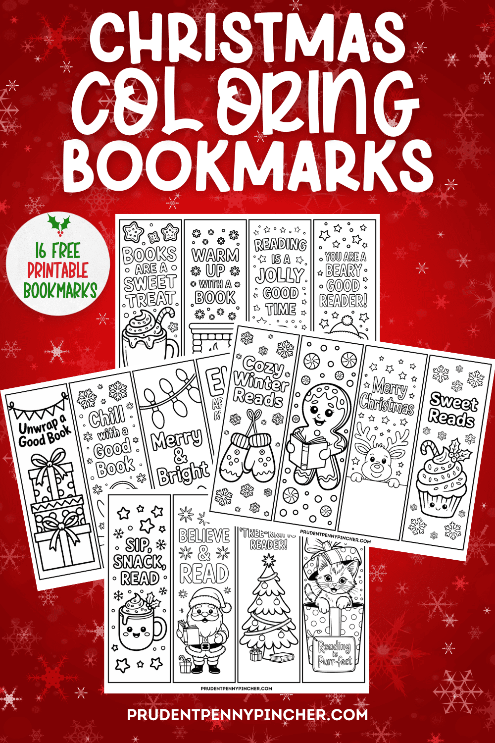 Christmas coloring bookmarks – collage of 16 free printable DIY bookmark templates for kids to color, featuring Santa, penguin, cocoa, lights, and more on a red snowflake background.