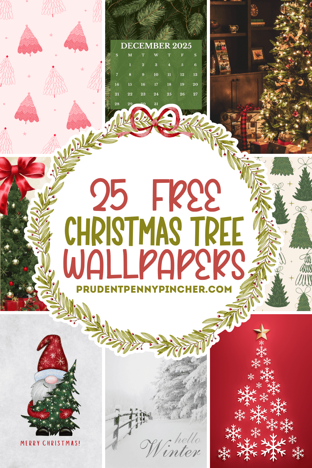 A collage of 25 free Christmas tree wallpapers featuring pink, green, and red holiday backgrounds with festive designs such as Christmas trees, ornaments, a December 2025 calendar, a gnome holding a Christmas tree, and a snowy winter scene.