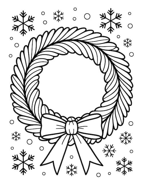 evergreen wreath with bow and snowflakes coloring page