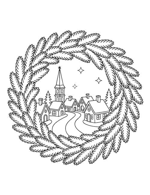 Winter village inside evergreen wreath