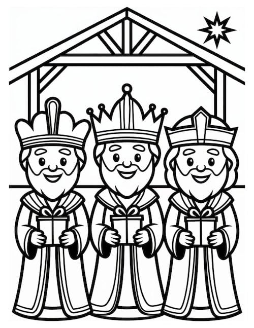 Three Wise Men with crowns and gifts at the stable