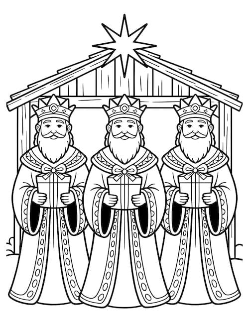 Three Wise Men in jeweled robes holding gifts before the stable star