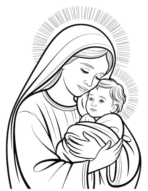 Mary holding baby Jesus with radiant halos-Christian nativity coloring page for kids