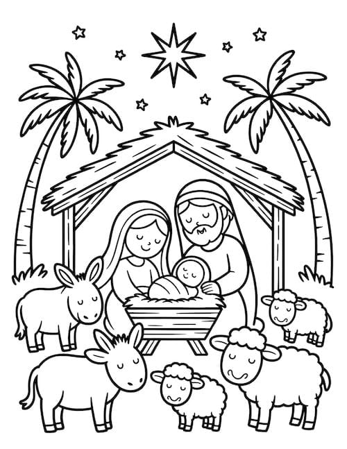 Holy Family in a stable with palm trees, stars, donkeys, and sheep