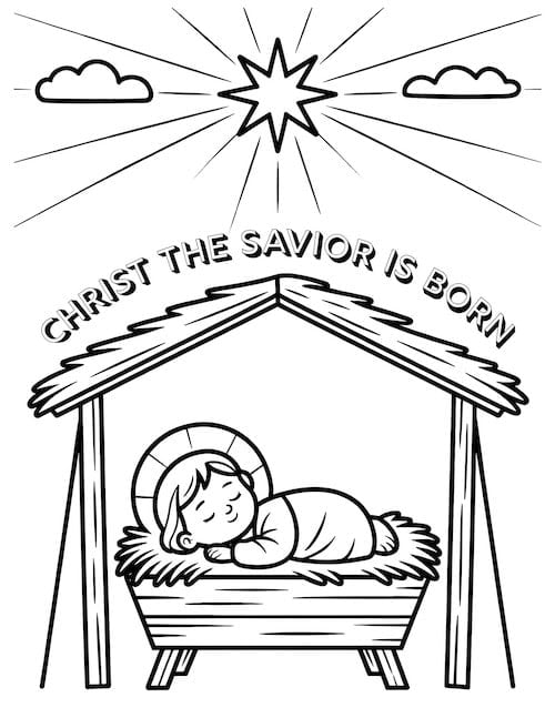 Sleeping baby Jesus below a shining star and clouds