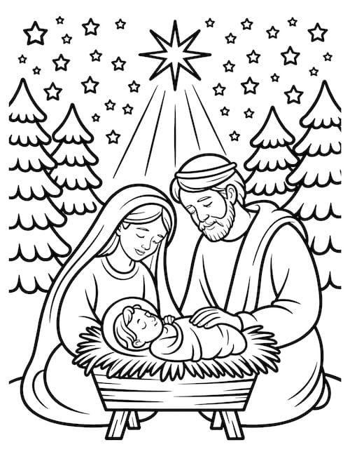 Mary and Joseph with baby Jesus, pine trees, and a night sky of stars-peaceful nativity coloring page.