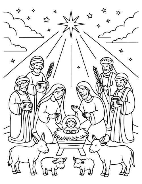 Shepherds and wise men gathered around baby Jesus with animals and bright star-nativity scene coloring sheet.