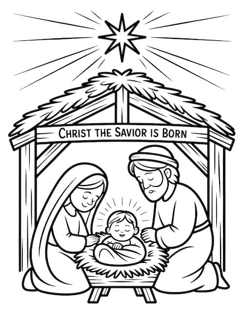 Holy Family in a stable with banner 