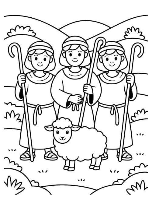 Three cheerful shepherds holding staffs with a lamb in the hills