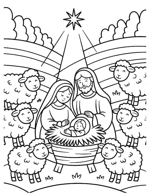 Holy Family surrounded by smiling sheep on a hillside beneath the Christmas star