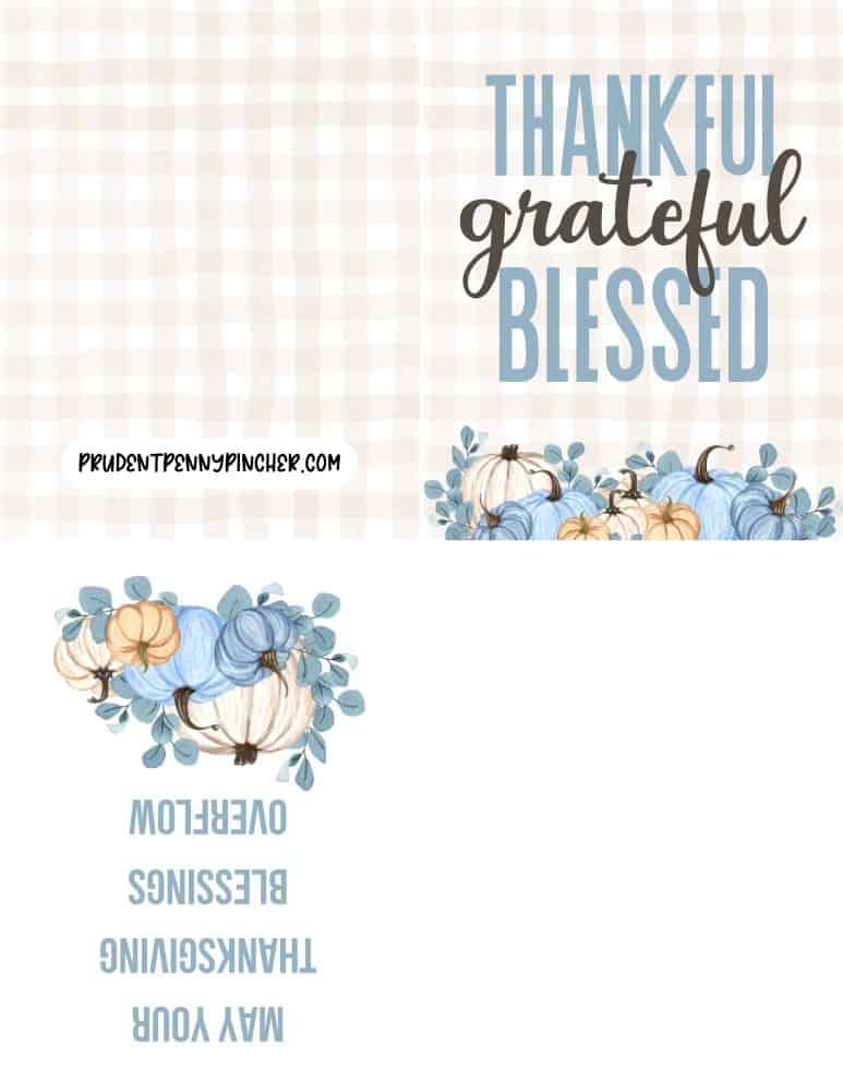 Thanksgiving card with blue and white pumpkins and the phrase "Thankful Grateful Blessed" on a light plaid background.