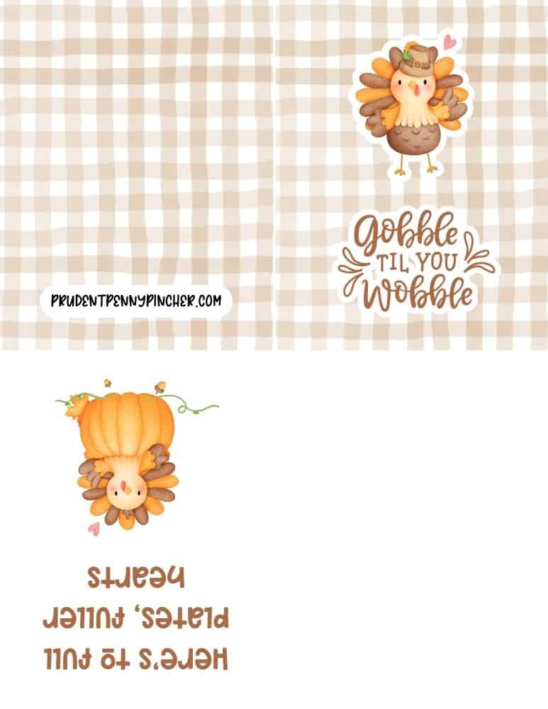card with a cute cartoon turkey wearing a hat on a beige gingham background.