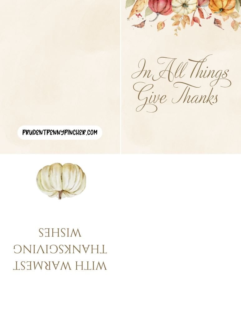 printable Thanksgiving card with watercolor pumpkins and the phrase 