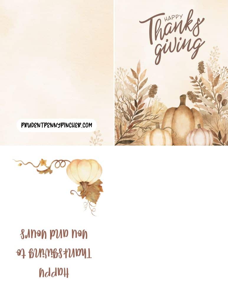 card with pumpkins and fall foliage in soft watercolor tones and the message "Happy Thanksgiving."