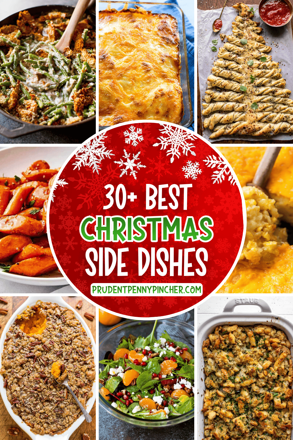 A collage of Christmas dinner side dishes including creamy green bean casserole, cheesy scalloped potatoes, pull-apart Christmas tree garlic bread, honey-glazed carrots, sweet potato casserole with pecan topping, a festive winter salad with mandarins and feta, and golden herb stuffing.