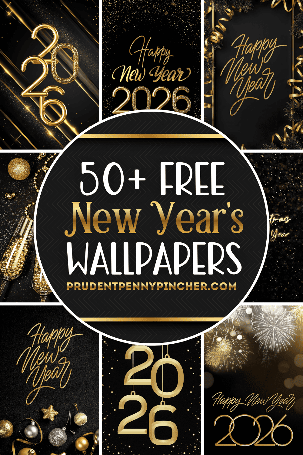 a collage of black and gold 2026 New Year’s wallpapers featuring glittery “Happy New Year” lettering, fireworks, champagne glasses.