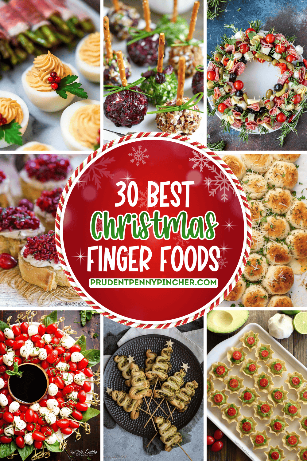 a collage of christmas finger foods featuring deviled eggs, mini cheese balls on pretzel sticks, a charcuterie wreath, pull-apart garlic knots, cranberry-topped crostini, caprese wreath skewers, pesto puff pastry christmas trees, and star-shaped tartlets.