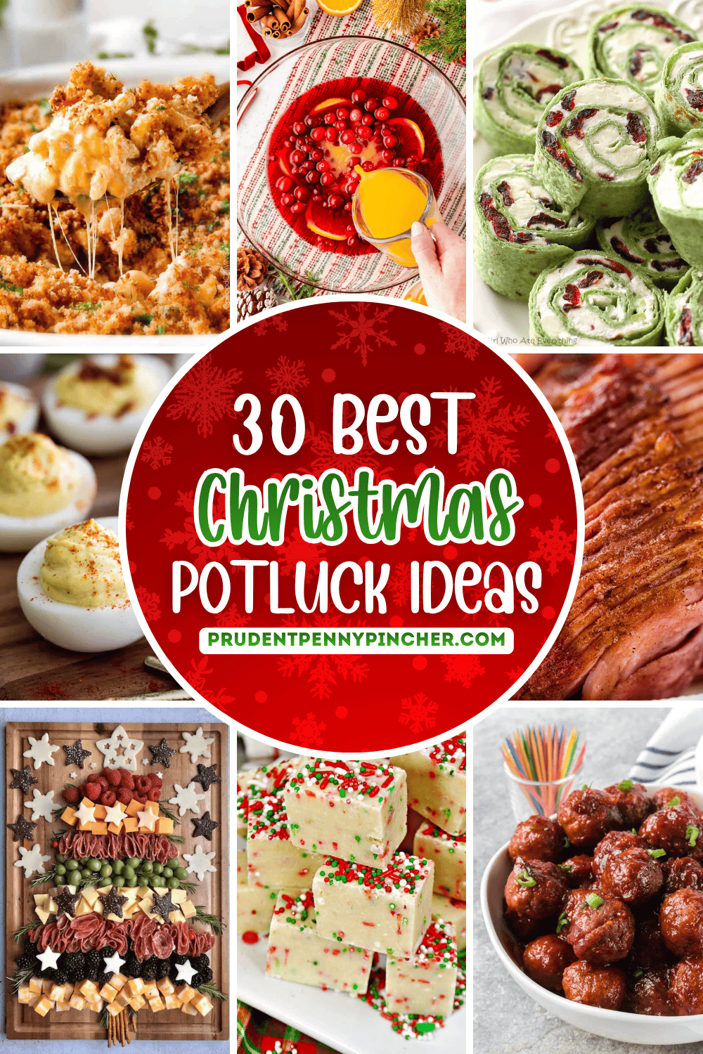 a collage of Christmas potluck ideas featuring baked mac and cheese, a cranberry holiday punch bowl, cranberry tortilla pinwheels, deviled eggs, glazed ham, a Christmas tree charcuterie board, white fudge with red and green sprinkles, and cocktail meatballs.