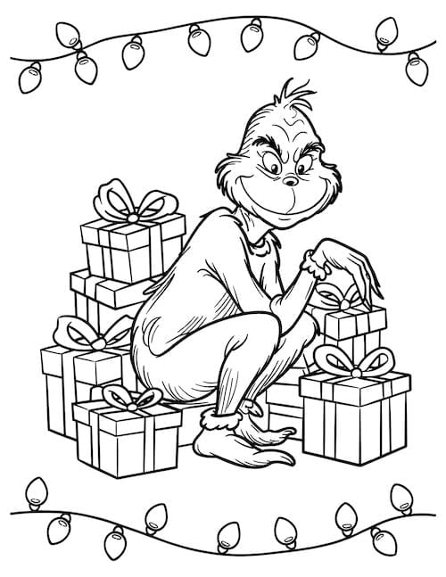 Grinch crouching among stacked, ribbon-tied presents with Christmas lights framing the page coloring sheet