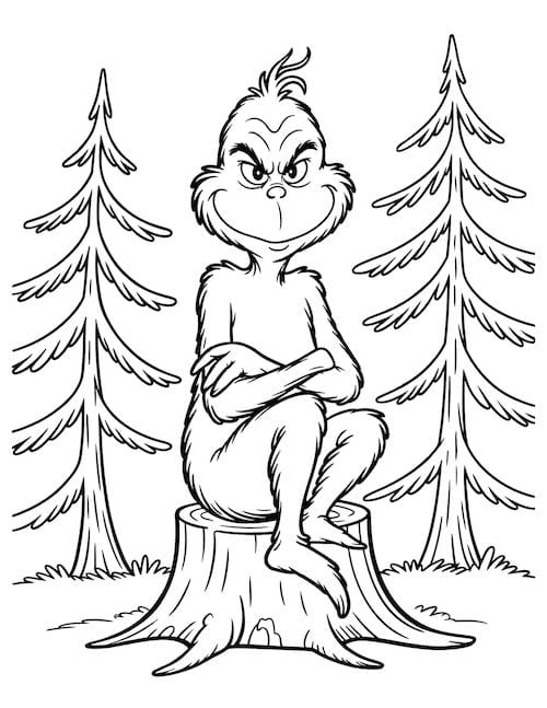 Grinch sitting with arms crossed on a tree stump