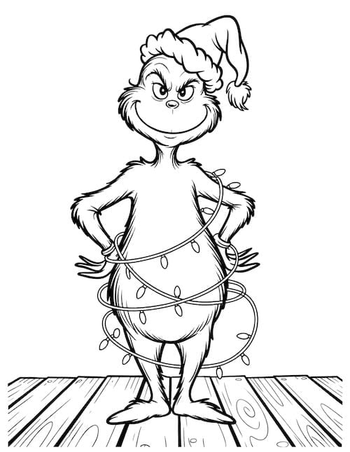 Grinch wrapped in a strand of Christmas lights coloring page