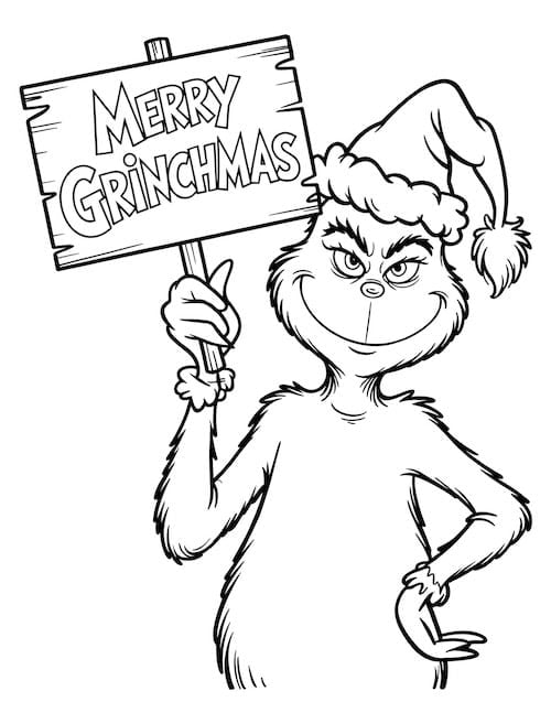 Grinch in a Santa hat holding a wooden sign that says 'Merry Grinchmas'