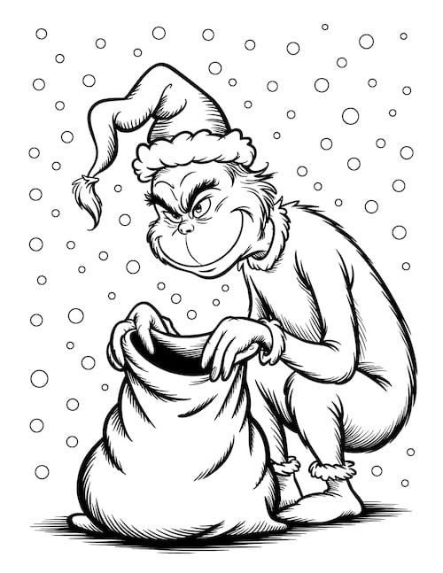 Sneaky Grinch in a Santa hat crouching in the snow with a christmas present sack