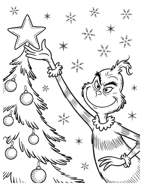 Grinch stealing a star on top of a decorated Christmas tree