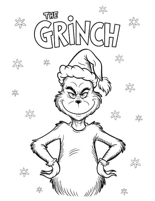 The Grinch standing with hands on hips under the title 'The Grinch' with snowflakes coloring page