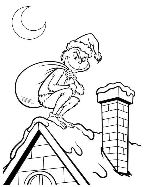 Grinch on a snowy rooftop at night holding a sack next to a chimney