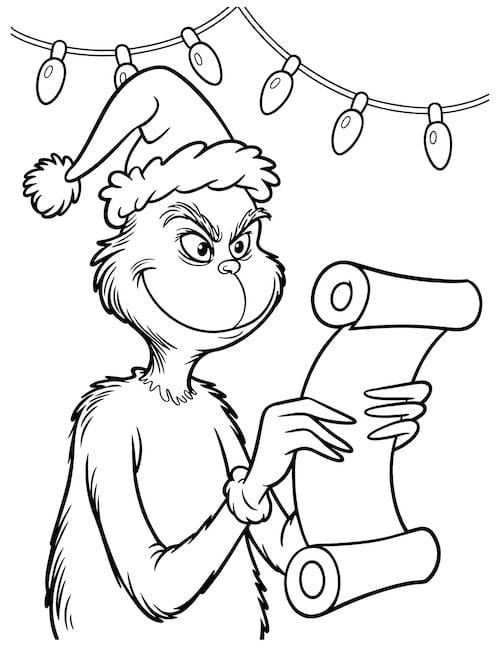Grinch in a Santa hat reading a long naughty list
