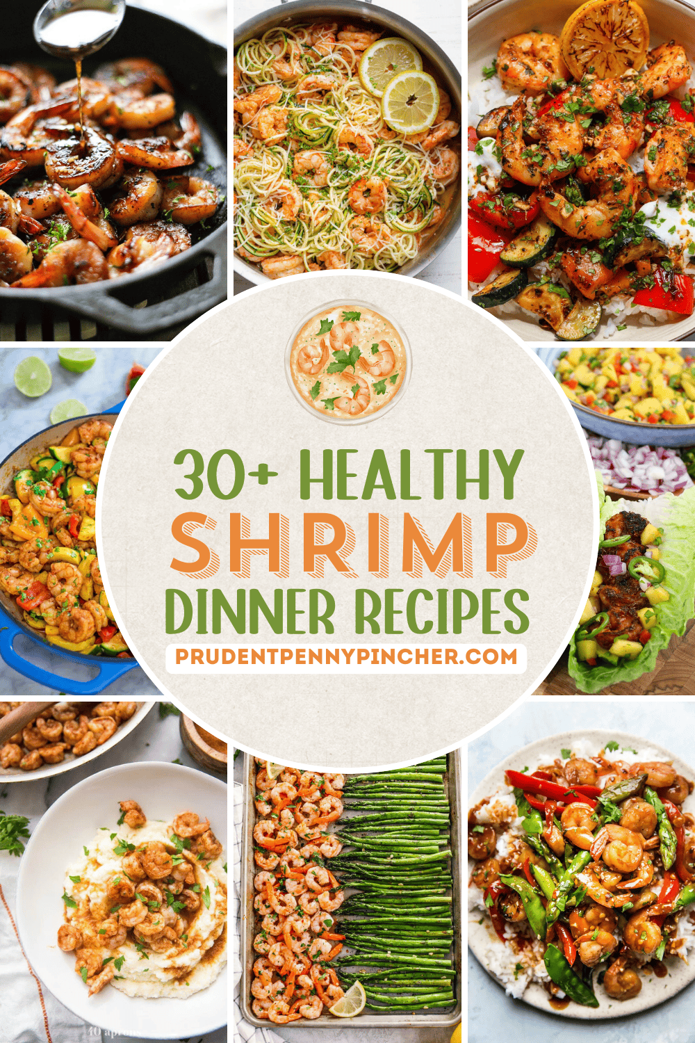 ChatGPT said:
Collage of healthy shrimp dinner recipes showing various shrimp dishes like shrimp and zucchini noodles, skewers with vegetables, stir fry, and sheet pan shrimp with asparagus.