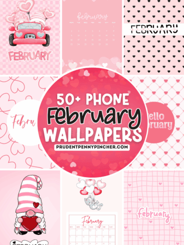 collage of cute, aesthetic February phone wallpapers in pink and red, including hello february designs, heart patterns, and a February calendar.