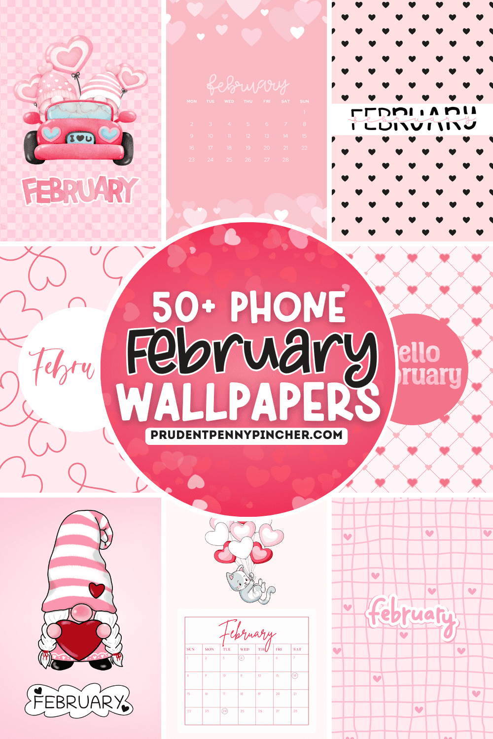 collage of cute, aesthetic February phone wallpapers in pink and red, including hello february designs, heart patterns, and a February calendar.