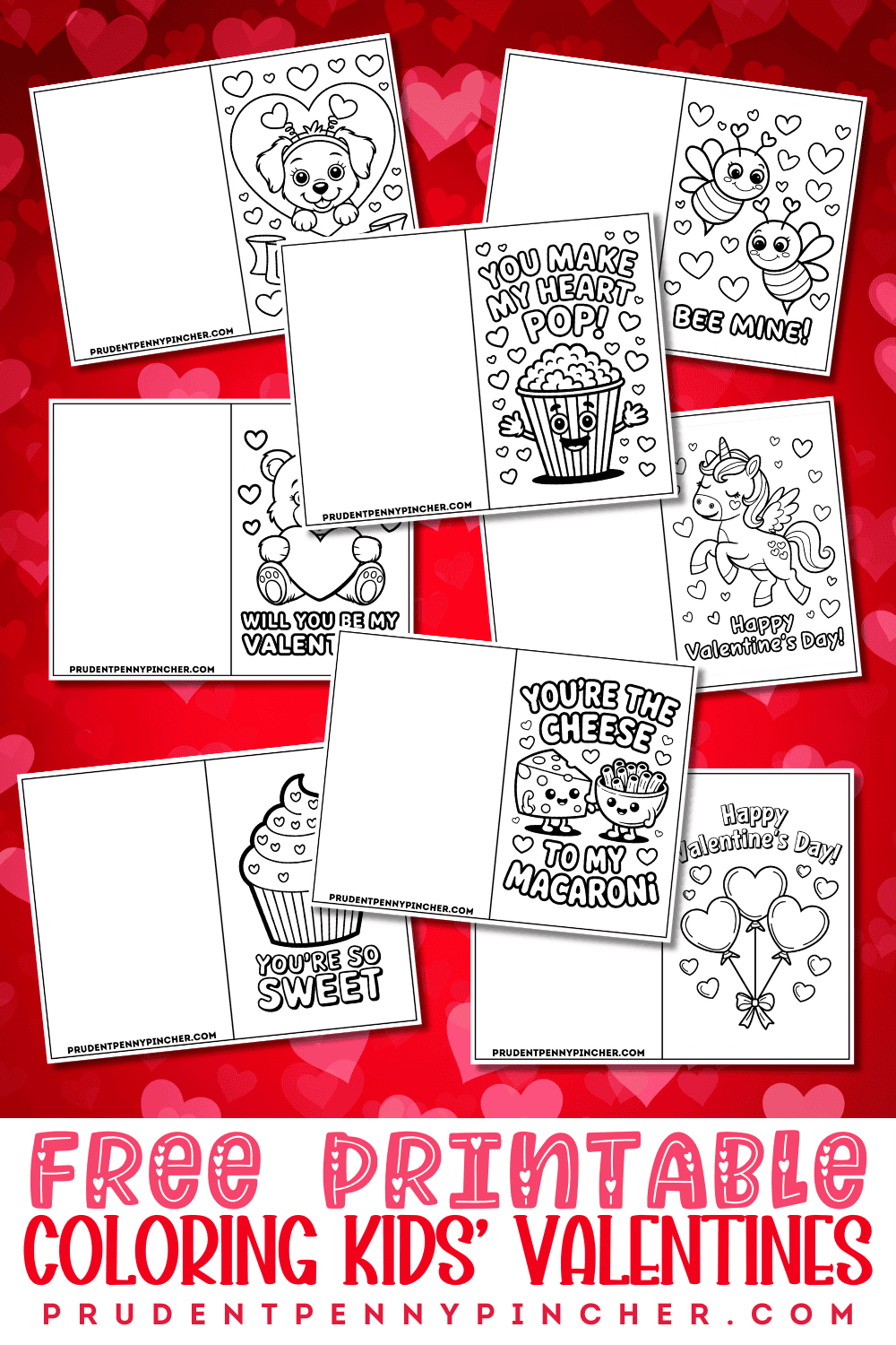 Collage of free printable Valentine’s Day coloring cards for kids with cute animals, treats, and pun valentines on a red heart background