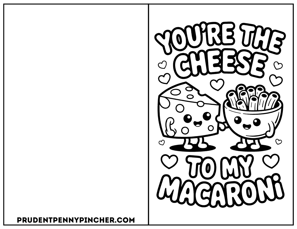 Free printable Valentine's Day coloring card with cute cheese and macaroni characters and the phrase 