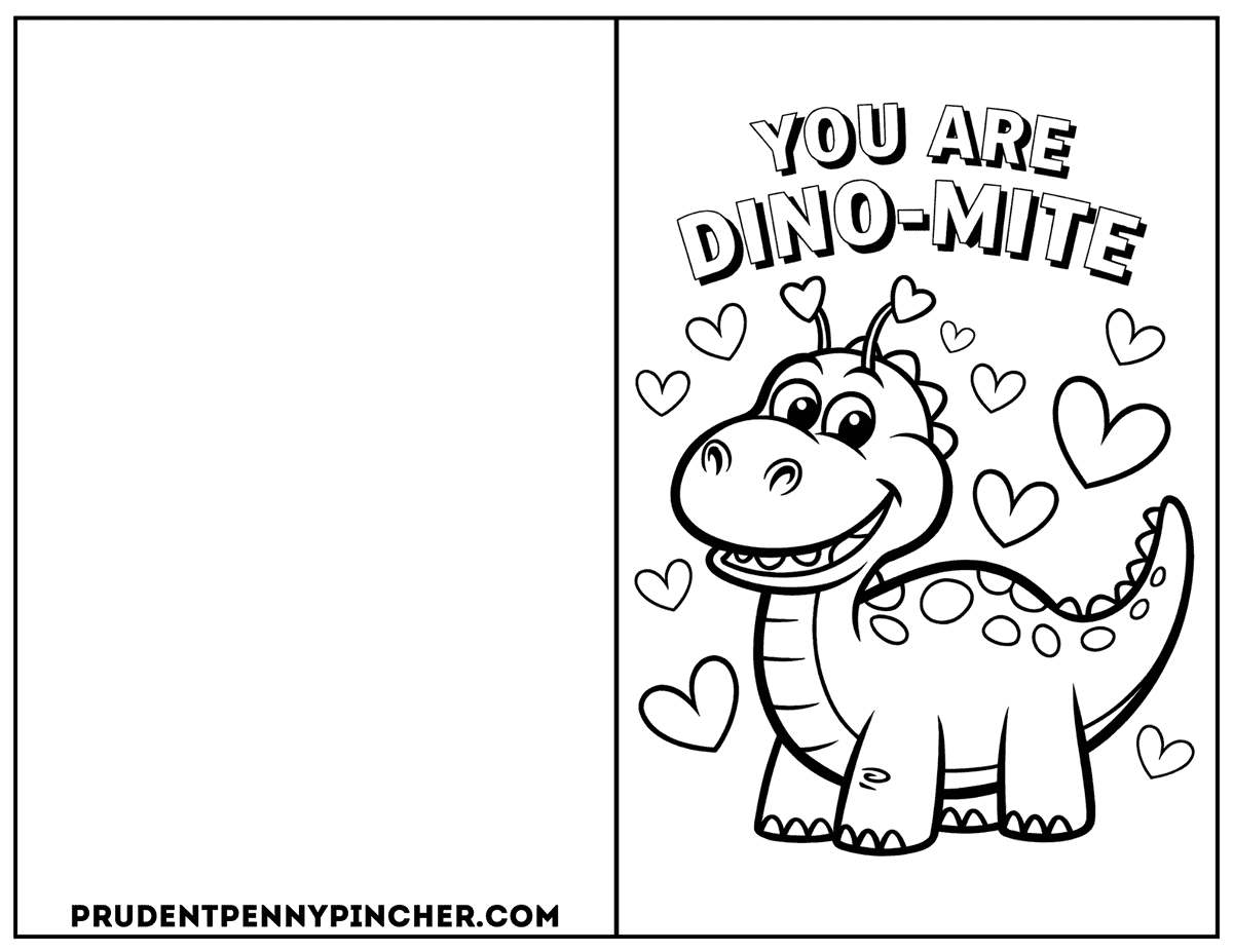 Free printable Valentine's Day coloring card with a cute dinosaur and hearts and the phrase 