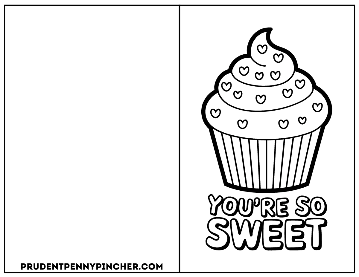 Free printable Valentine's Day coloring card with a frosting-topped cupcake covered in hearts and the phrase 