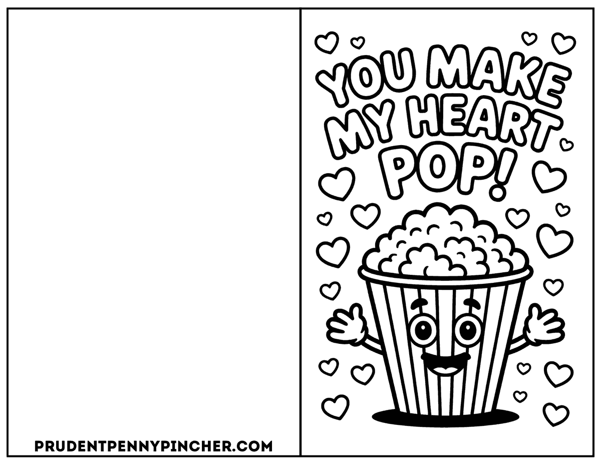 Free printable Valentine's Day coloring card with a smiling popcorn bucket and hearts and the phrase 