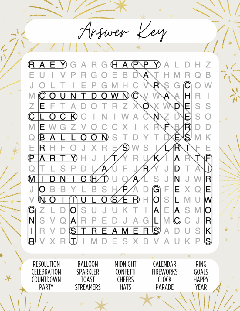 answer key on a gold fireworks background.