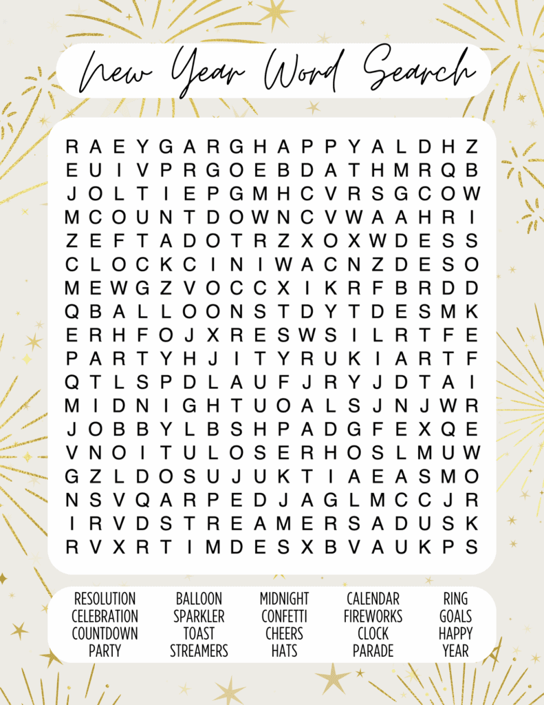 Hard New Year word search puzzle with a New Year-themed word bank at the bottom.