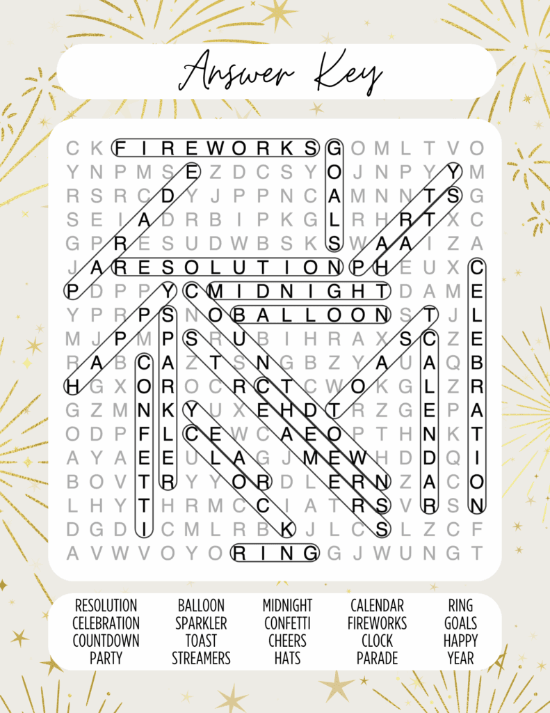 answer key with the hidden words outlined across the letter grid.